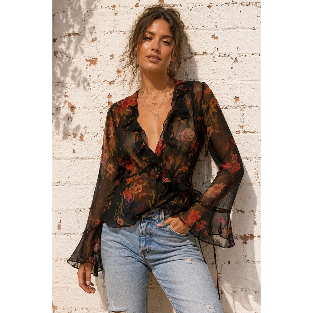 Vintage Virgo Black Floral Sheer Wrap Blouse Ruffle Romantic WhimsyGoth Size 16